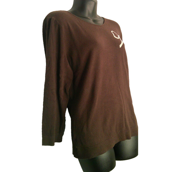 INC Women's Large Long Sleeve Crew Neck Brown Sweater with Bow on Shoulder - Picture 3 of 5